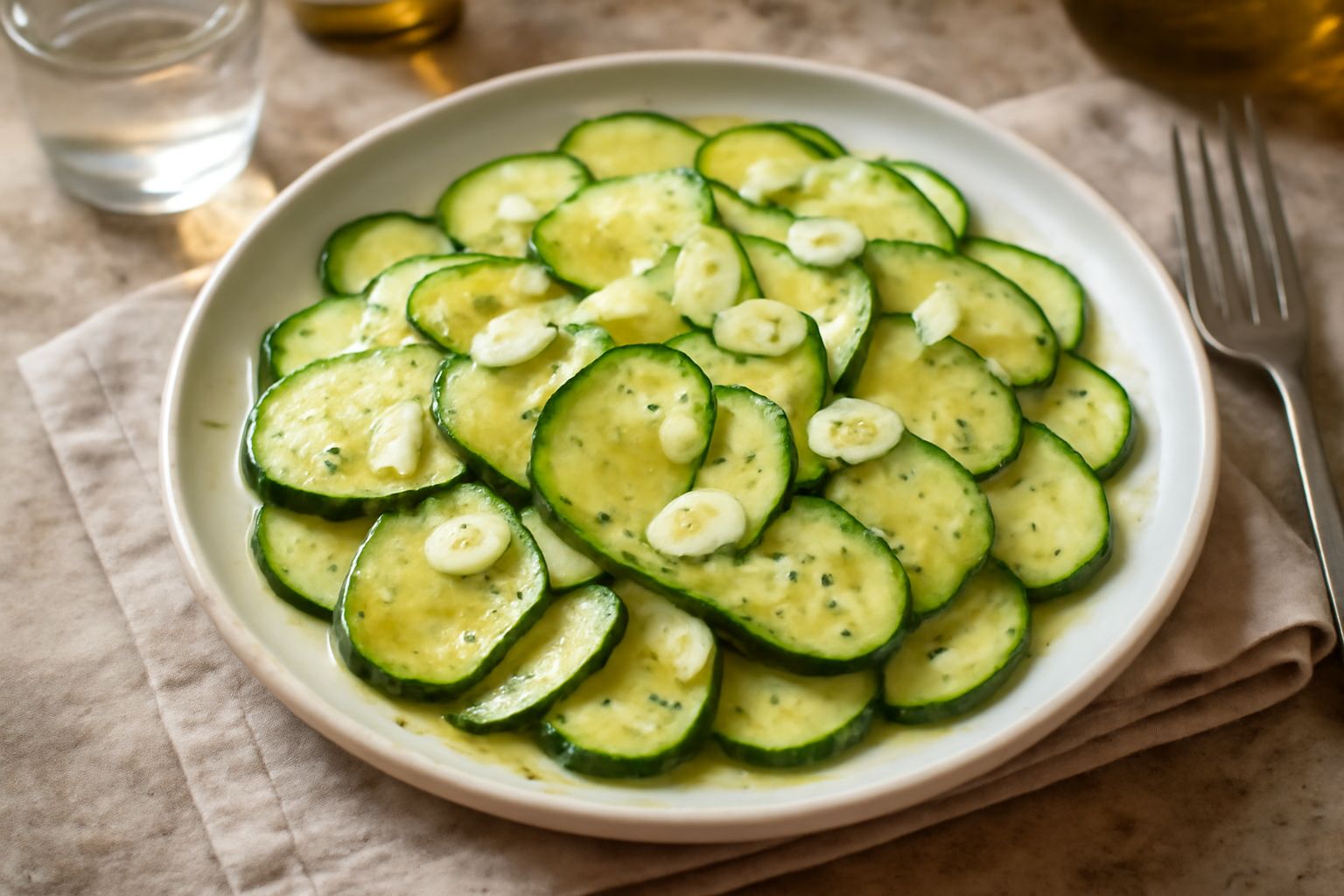 Insalata di zucchine marinate in ciotola bianca, zucchine tagliate a fettine sottili di colore verde chiaro, condite con olio e aceto trasparente, foglie di menta fresca sparse in superficie