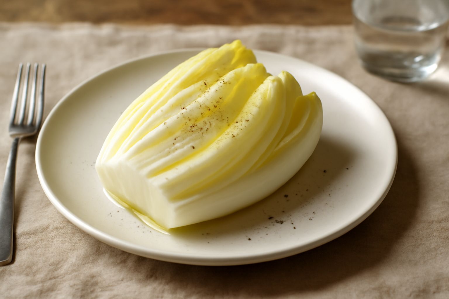 Insalata d'indivia servita in una ciotola bianca, foglie bianche e leggermente gialle disposte in modo naturale, filo d'olio lucido, grani di sale marino visibili sulla superficie