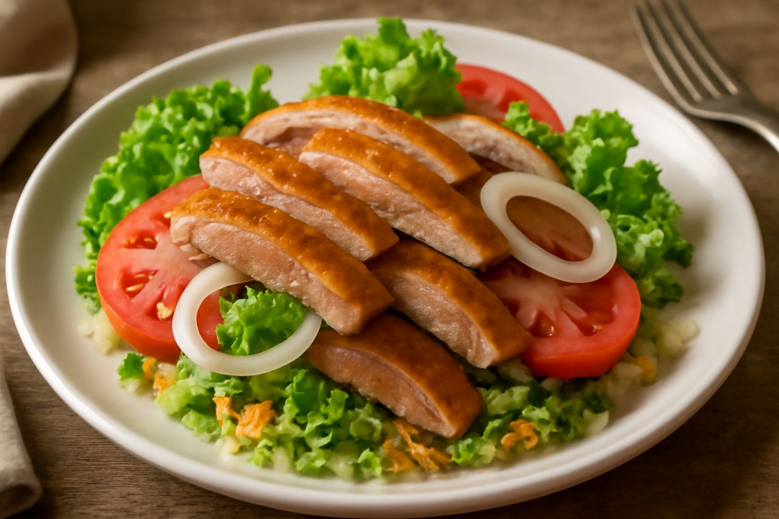 Insalata d'oca servita in un piatto bianco: strisce di carne d'oca dorata, lattuga verde, pomodori rossi, cipolla bianca affettata, con gocce di condimento balsamico lucido, guarnita con erba cipollin