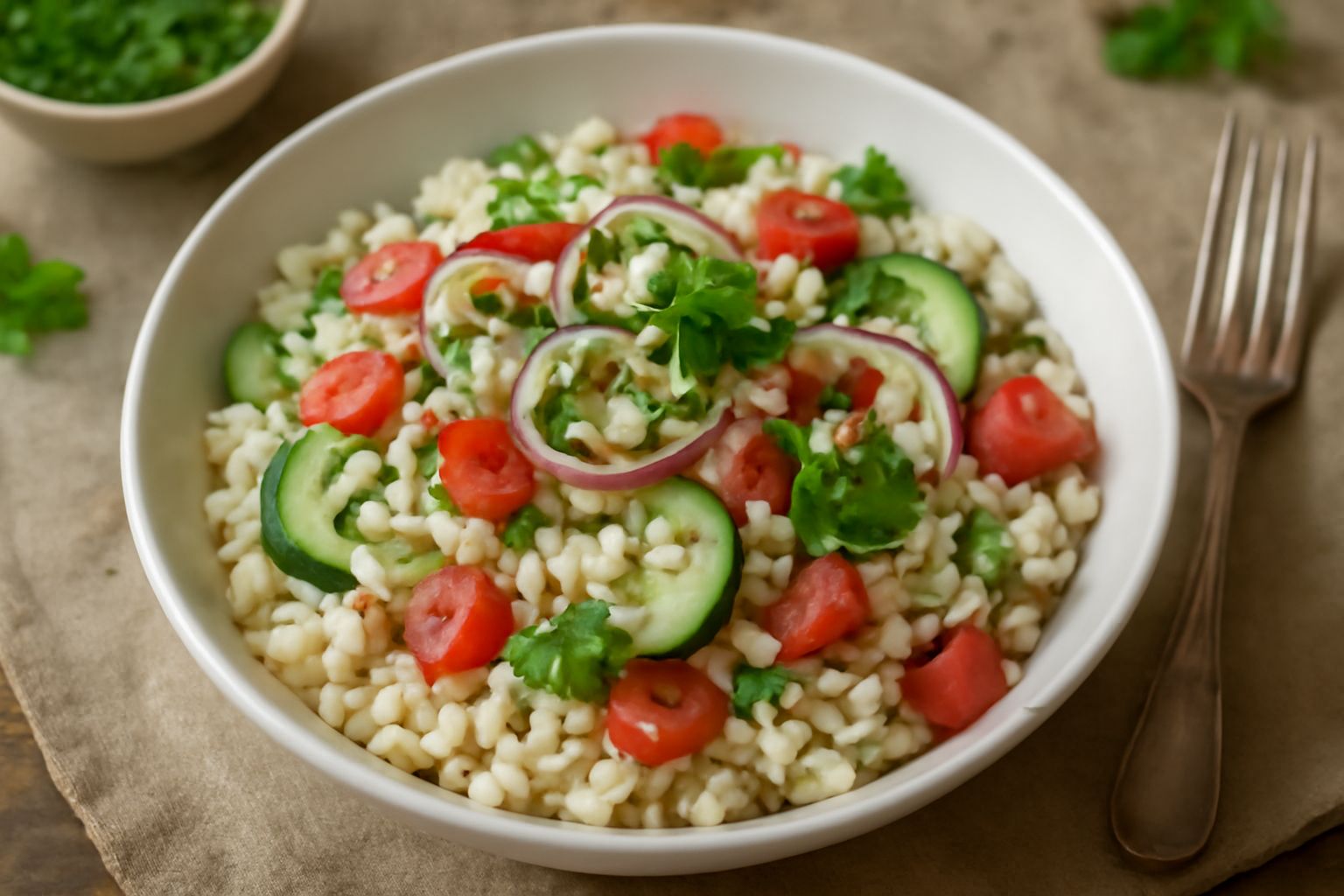 Insalata d'orzo perlato in una ciotola di vetro con chicchi d'orzo traslucidi, pomodori rossi, fette di cetriolo verde, prezzemolo fresco e olio d'oliva dorato in superficie