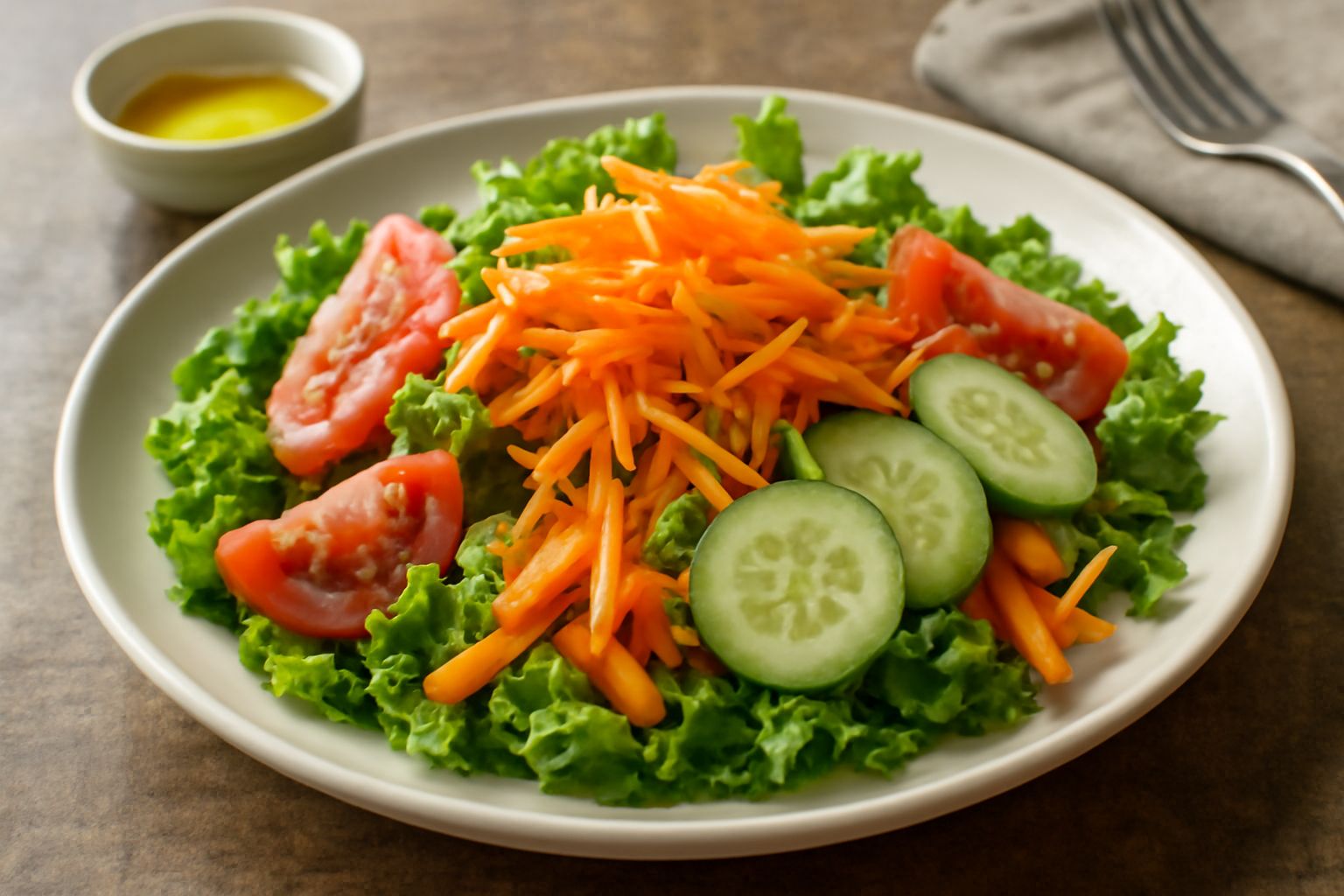 Insalata di ortaggi misti in piatto bianco: lattuga verde, pomodori rossi tagliati a spicchi, cetrioli verdi a fette sottili, carote arancioni julienne, cipolla bianca, con olio e limone appena condit