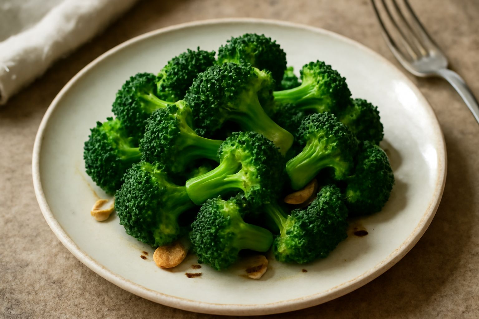 Insalata di broccolo fresco a pezzetti di colore verde brillante, ancora croccanti, conditi con olio dorato e spicchi d'aglio, servita in un piatto bianco