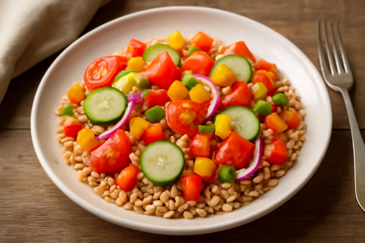 Una ciotola di farro perlato biondo con pomodori rossi tagliati, cetriolo verde, cipolle rosse, peperoni gialli e rossi, foglie di prezzemolo fresco. Tutto cosparso di olio d'oliva lucido, visto da so