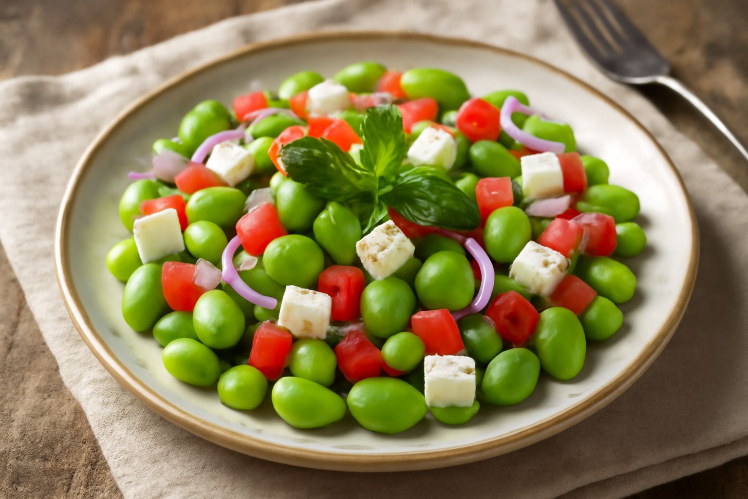 Insalata fredda di fave in piatto bianco: fave verdi brillanti, cipolla rossa affettata, pomodorini tagliati a metà, foglie di menta fresca, scaglie di formaggio bianco, olio d'oliva lucido sulla supe