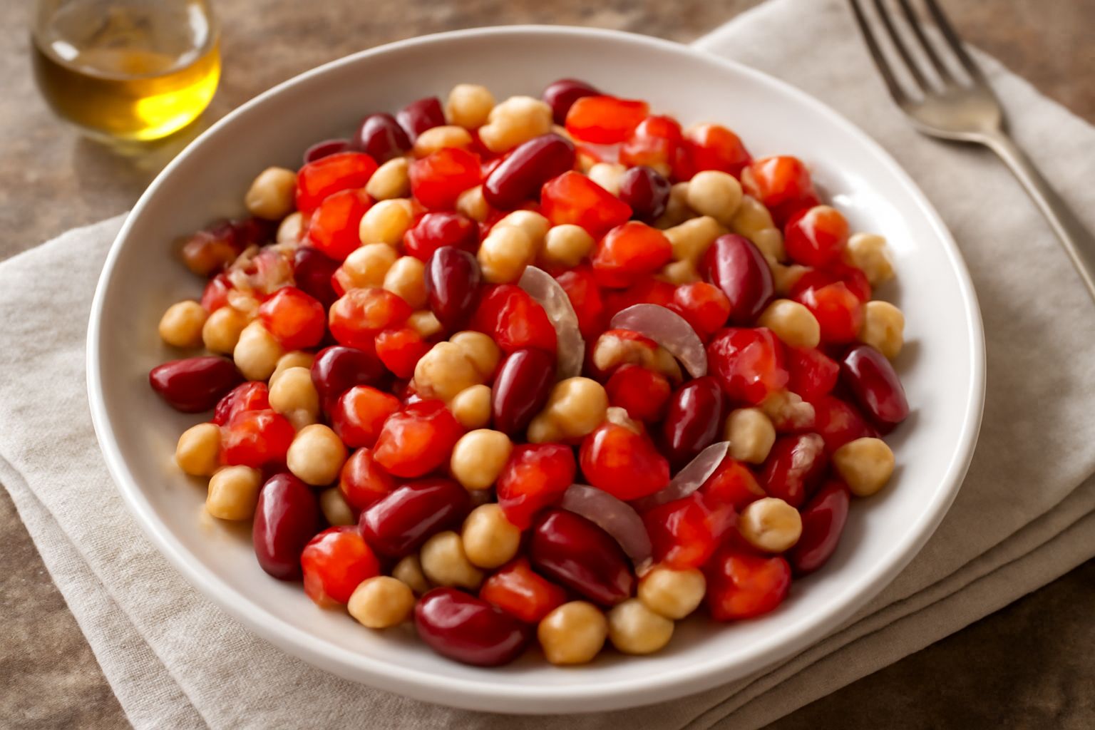Insalata fredda di legumi misti in ciotola di vetro: fagioli rossi, cannellini e ceci gialli, pomodori rossi, cipolla rossa trasparente, prezzemolo verde fresco, condimento lucido di olio su fondo bia