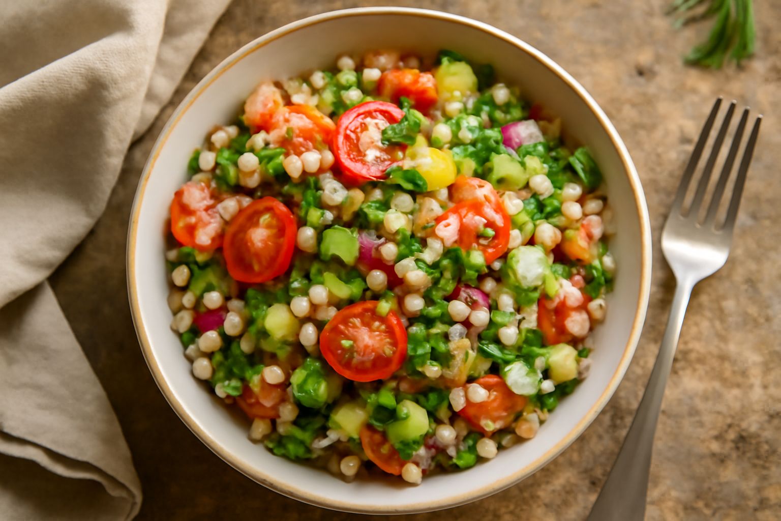 Insalata fredda di orzo in una ciotola bianca, con chicchi dorati di orzo, pomodori rossi tagliati, cetrioli verdi, cipolla rossa, prezzemolo fresco verde e limone giallo, condita con olio dorato