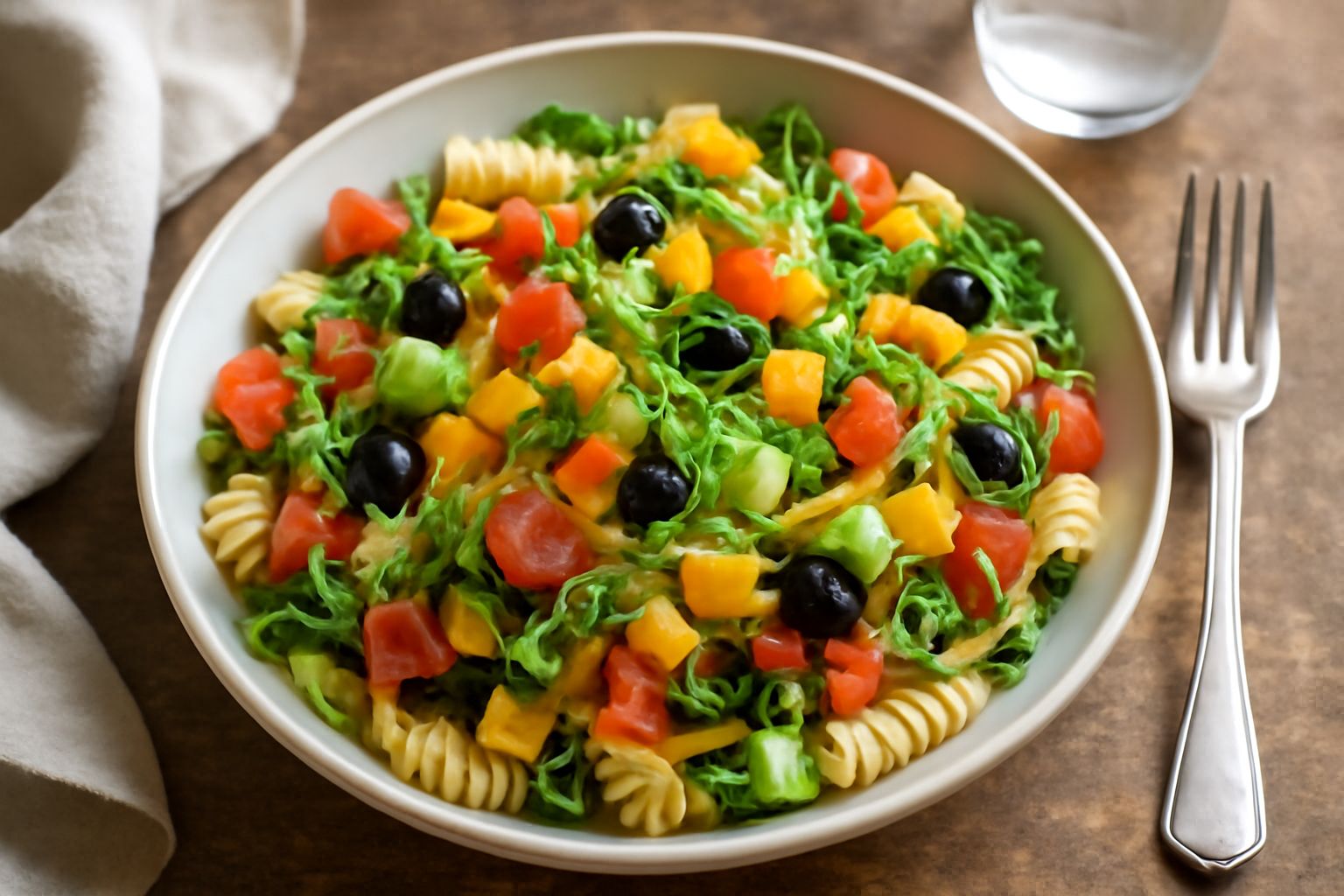 Insalata fredda di pasta in una ciotola di vetro con pezzi di pomodoro rosso, cetriolo verde, carota arancione, olive nere e pasta penne, condita con olio oliva; guarnita con foglie di basilico fresco