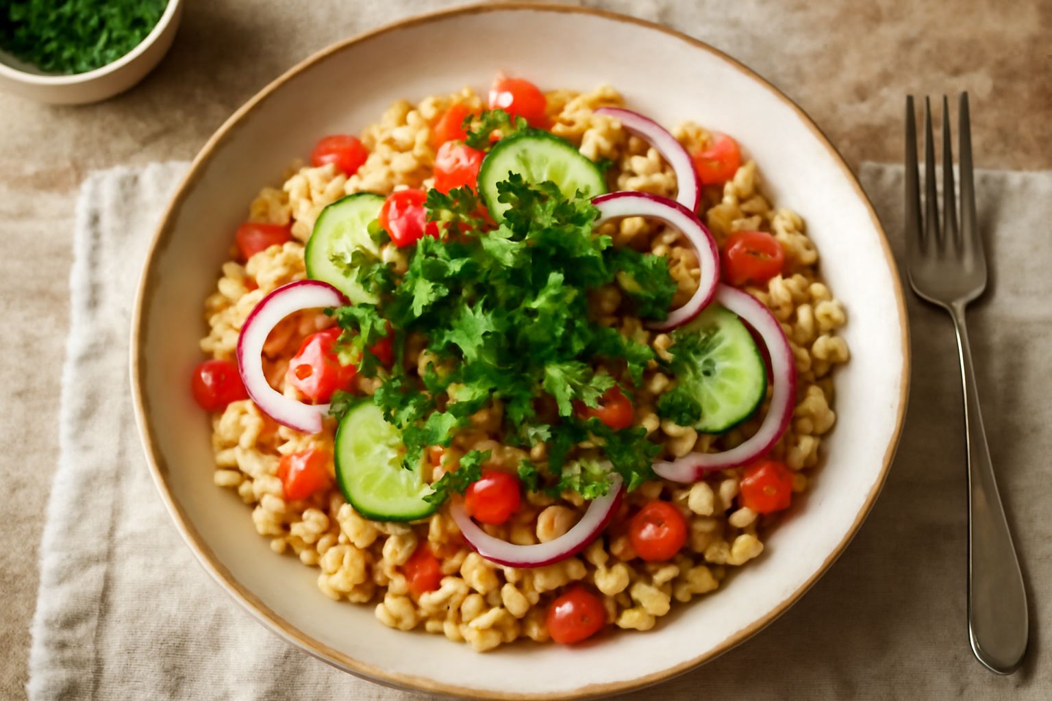 Insalata fredda d'orzo in piatto bianco, grani d'orzo dorati mischiati a pomodori rossi a dadini, cetrioli verdi, cipolla rossa, foglie di prezzemolo fresco in cima, vinaigrette lucida, servito con un