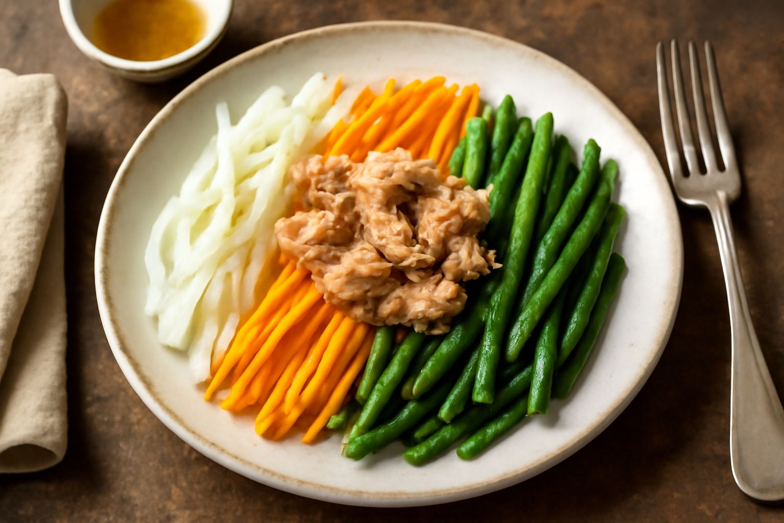 Insalata ligure servita in un piatto bianco con verdure tagliate a striscioline, tonno in scaglie, uova sode dimezzate, olive nere e condimento d'olio, vista dall'alto su tavolo di marmo grigio