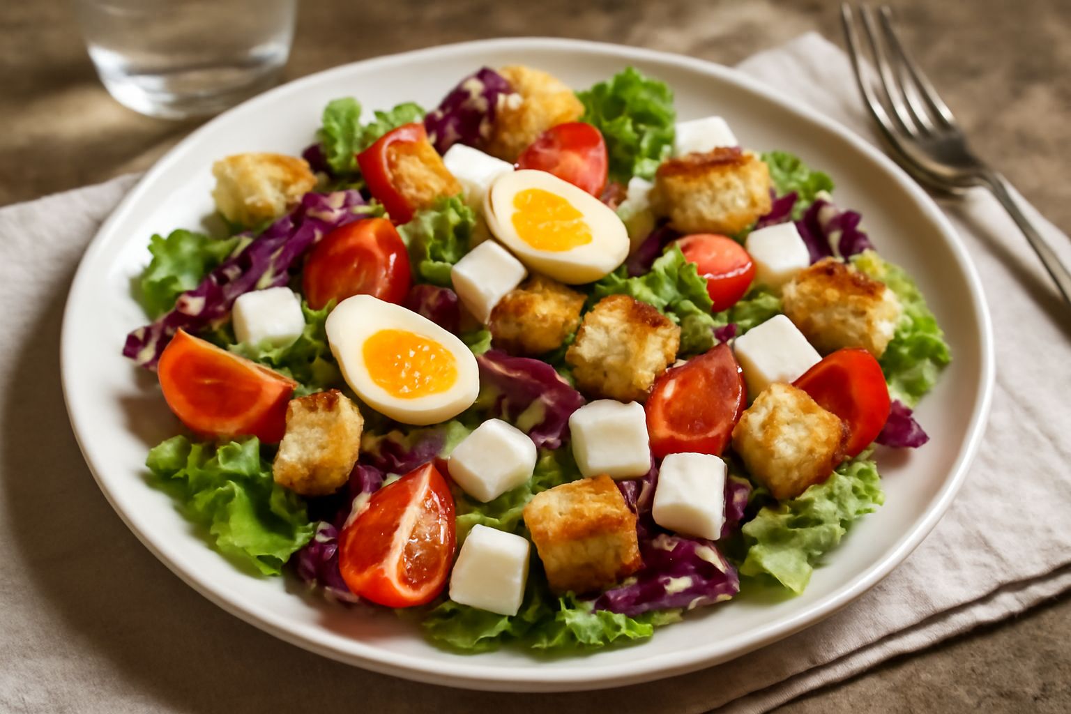 Insalata marchigiana in piatto bianco con lattuga verde, radicchio rosso, pomodori rossi, mozzarella bianca a cubetti, uovo sodo tagliato a metà, crostini di pane dorato, condita con olio e aceto bals