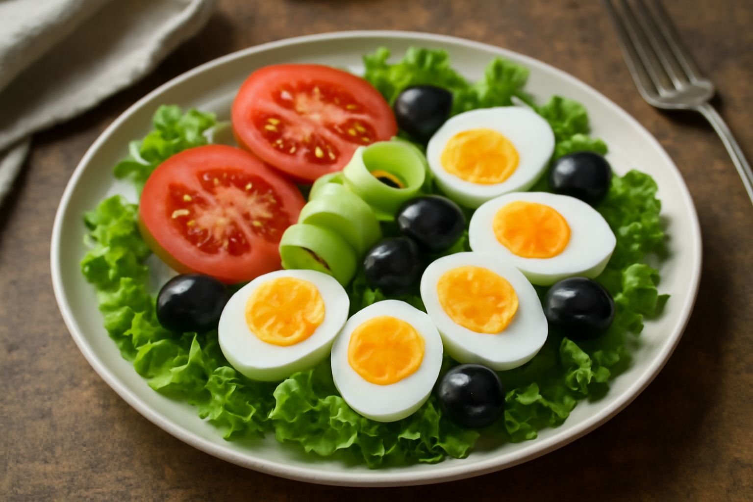 Insalata mista alessandrina servita in un piatto bianco: lattuga verde, pomodori rossi tagliati a spicchi, cetrioli affettati, uova sode tagliate a metà con tuorlo giallo dorato, olive nere, il tutto 