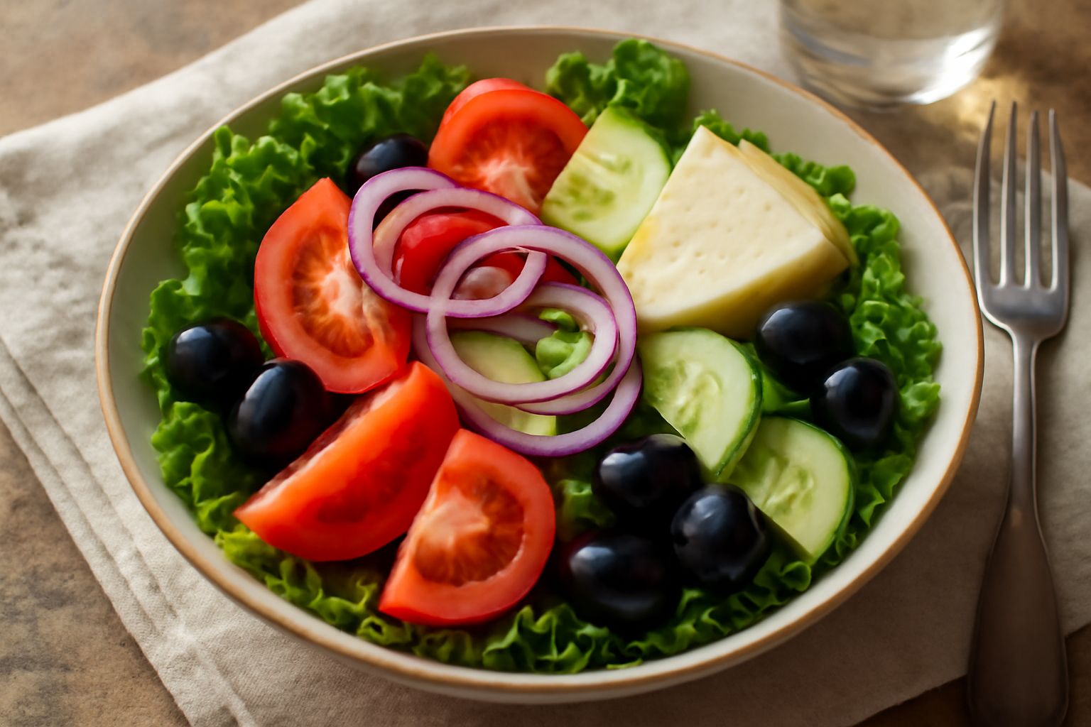 Insalata mista calabrese in piatto bianco con lattuga verde, pomodori rossi tagliati, olive nere, cipolla rossa, cetrioli e scaglie di formaggio bianco, condita con olio d'oliva