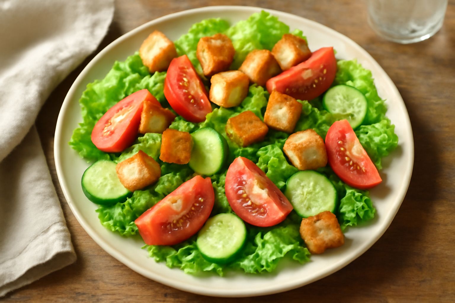 Insalata mista su piatto bianco con lattuga verde, pomodori rossi, cetrioli, cipolle bianche, fette di formaggio filante e cubetti di pane tostato croccante, condita con olio d'oliva