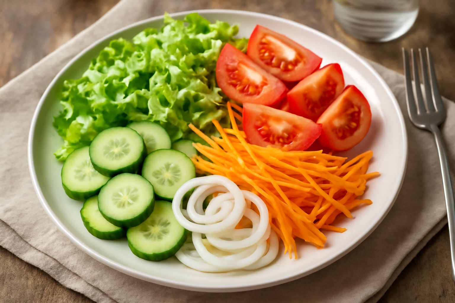Insalata mista in una ciotola di vetro con lattuga croccante, pomodori rossi a fette, carote grattugiate gialle, cetrioli verdi e cipolla bianca, condita con gocce d'olio e servita su tavolo rustico d