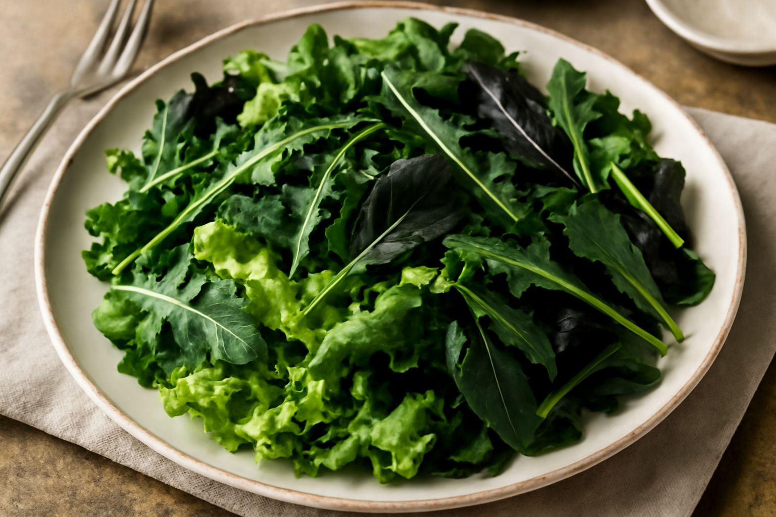 Insalata in ciotola di ceramica bianca con foglie di lattuga verde pallido, rucola selvatica scura, tarassaco e cicoria, condita con olio d'oliva e limone, guardata da sopra su tavolo di legno chiaro