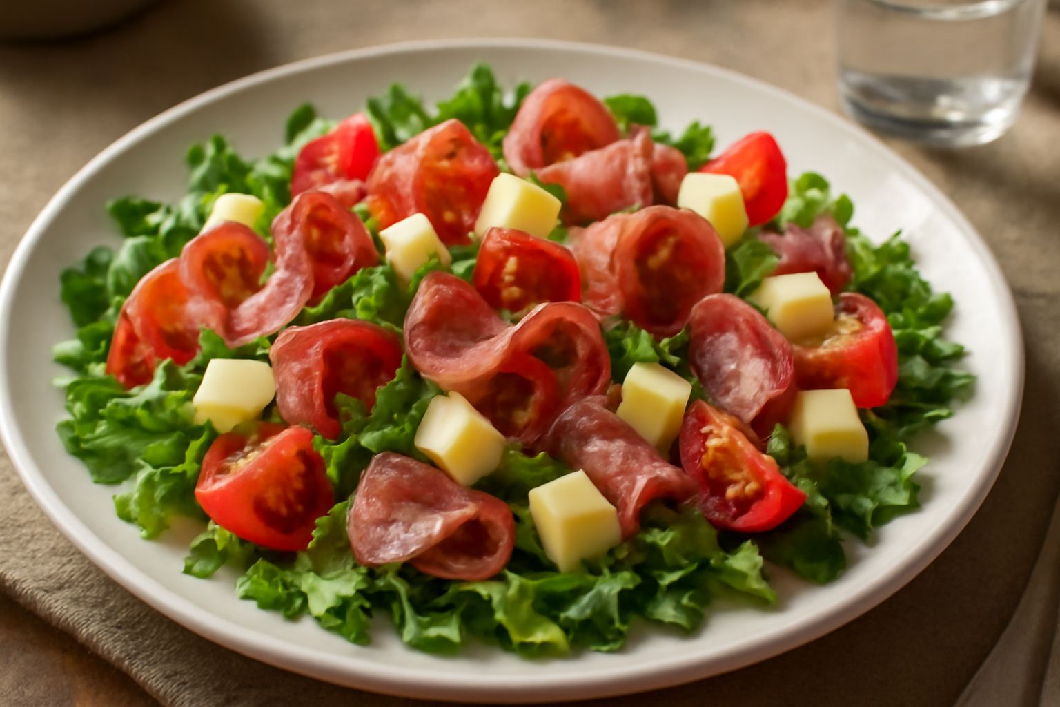 Insalata mista in piatto bianco con rucola, lattuga, pomodori rossi, cetriolo, fette di prosciutto crudo e cubetti di formaggio fresco, condita con olio