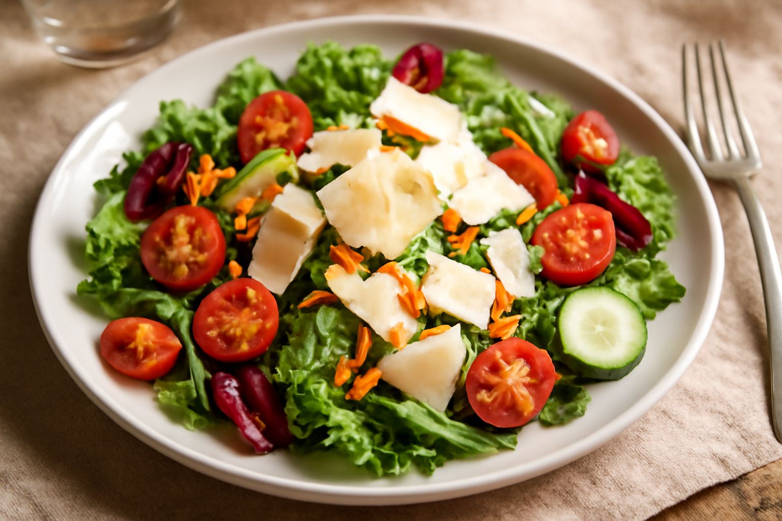 Insalata mista servita in un piatto bianco fondo, con foglie di lattuga verde e rossa, pomodorini rossi, cetriolo tagliato, carota grattugiata arancione, scaglie di Parmigiano bianche e olio d'oliva v