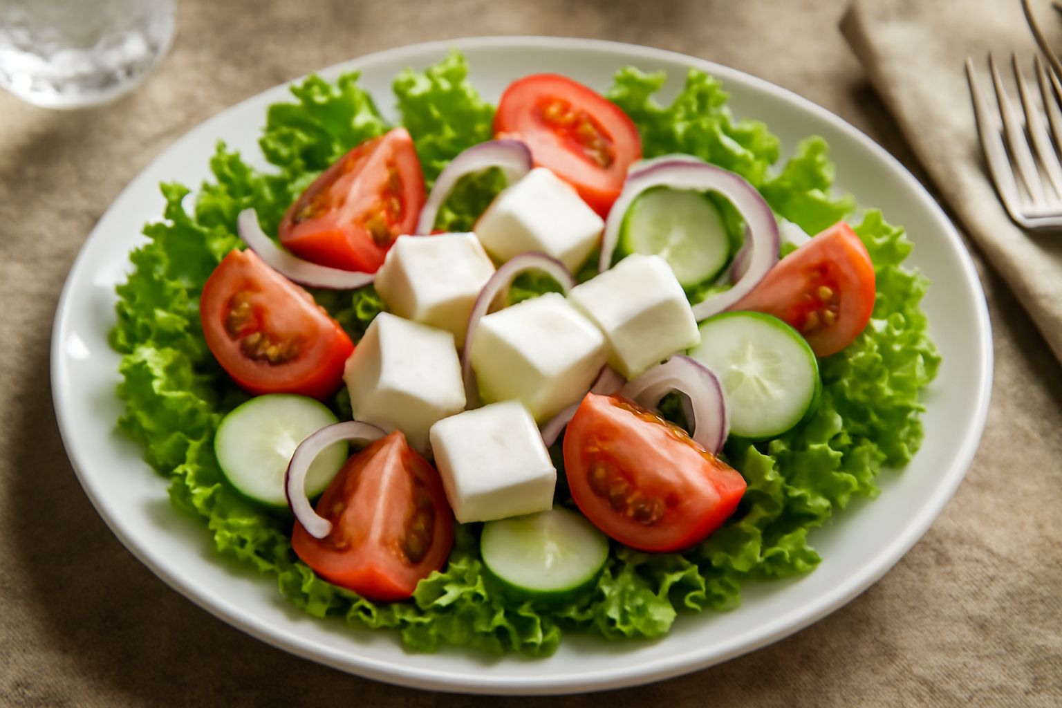 Insalata mista in ciotola bianca con lattuga verde, pomodori rossi, cetrioli, formaggio fresco bianco a cubetti, condita con olio dorato e pepe nero