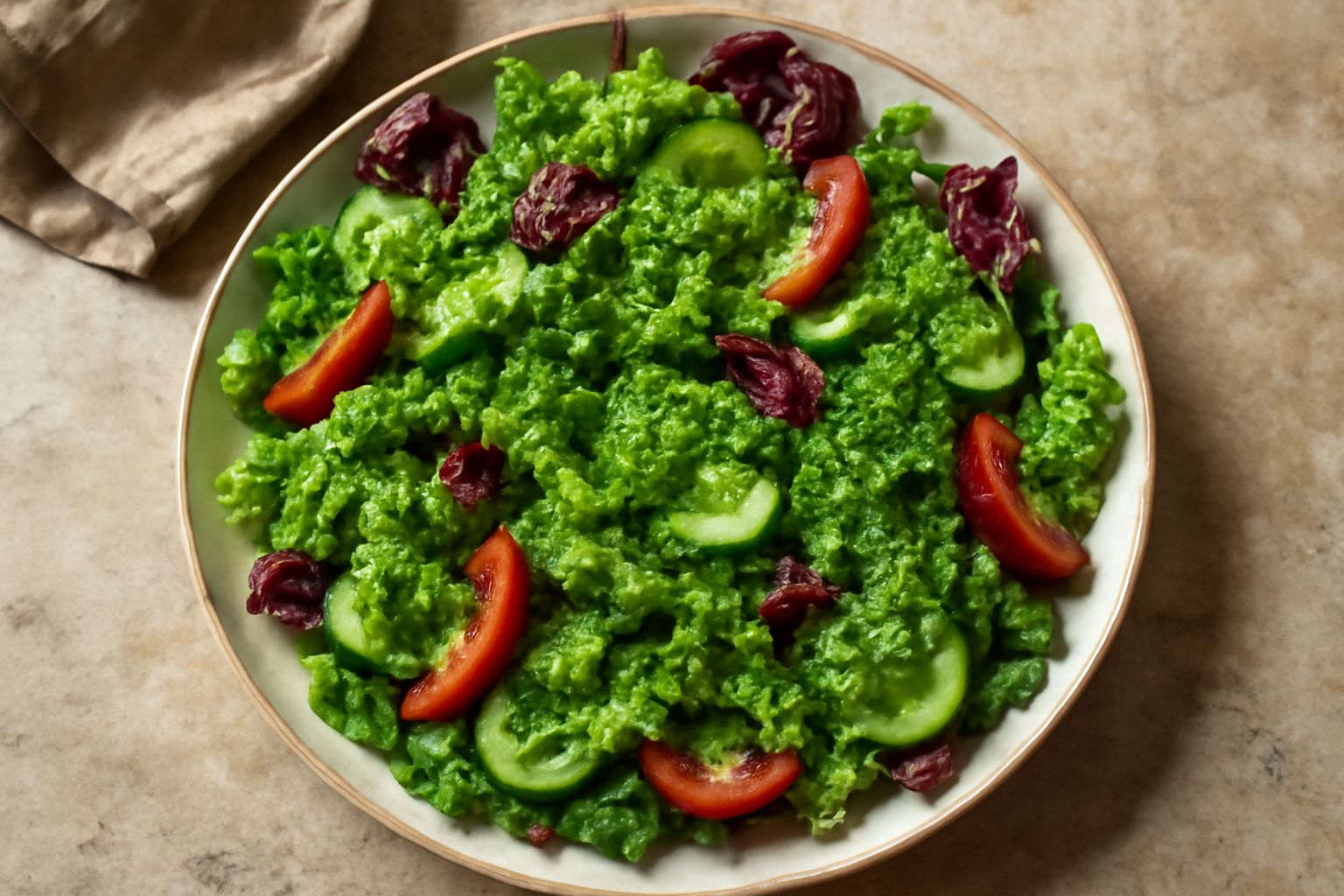 Insalata mista in piatto bianco con lattuga romana verde croccante, pomodori rossi a spicchi, cetrioli affettati, radicchio rosso, coperta di salsa verde brillante a base di prezzemolo fresco, con lim