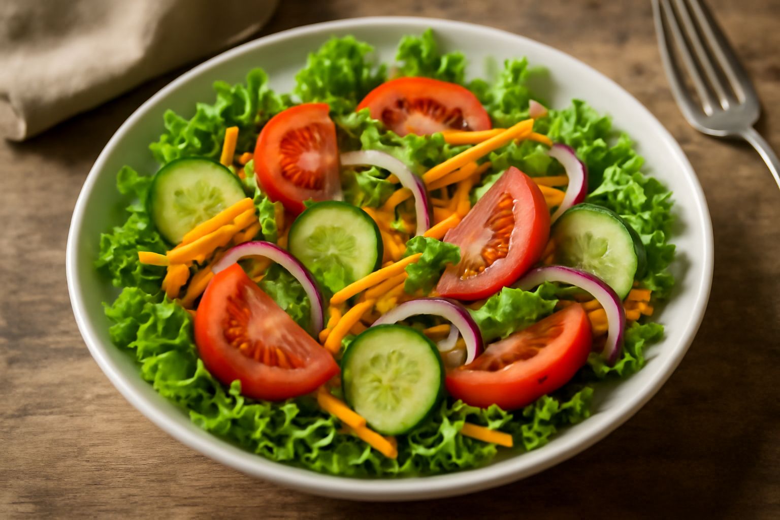 Insalata mista servita in un piatto largo di ceramica bianca con lattuga verde brillante, pomodori rossi tagliati a spicchi, cetrioli verdi a rondelle, carote arancioni a bastoncini, cipolla rossa e f