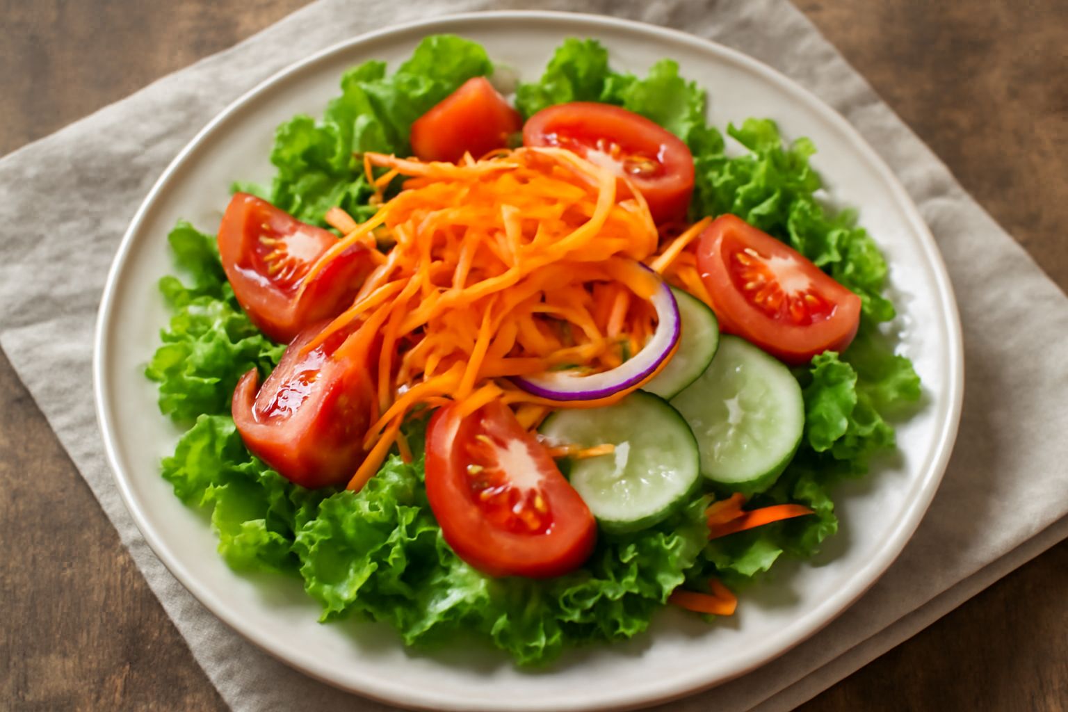 Insalata mista con lattuga verde, rucola, pomodori rossi, cetrioli bianchi e carote arancioni, condita con olio d'oliva, in una ciotola di ceramica bianca su sfondo di tessuto grigio