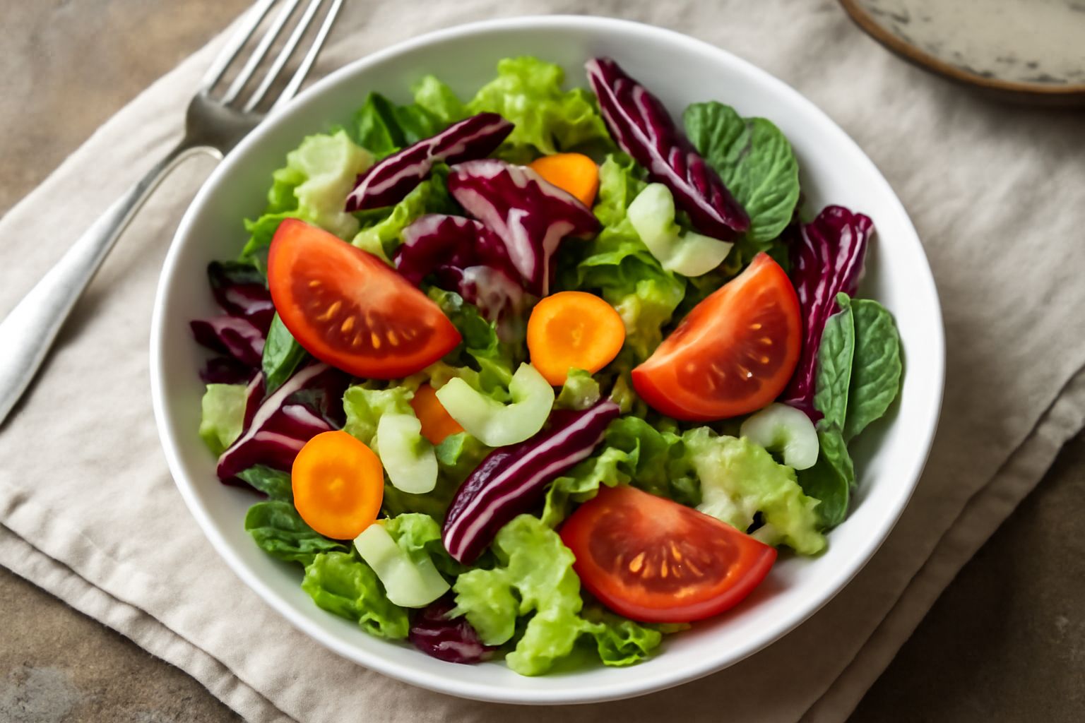 Insalata mista servita in una ciotola di ceramica bianca, con foglie di lattuga verde chiaro, radicchio rosso scuro, carote arancioni affettate sottili, sedano verde, pomodori rossi a spicchi e una vi