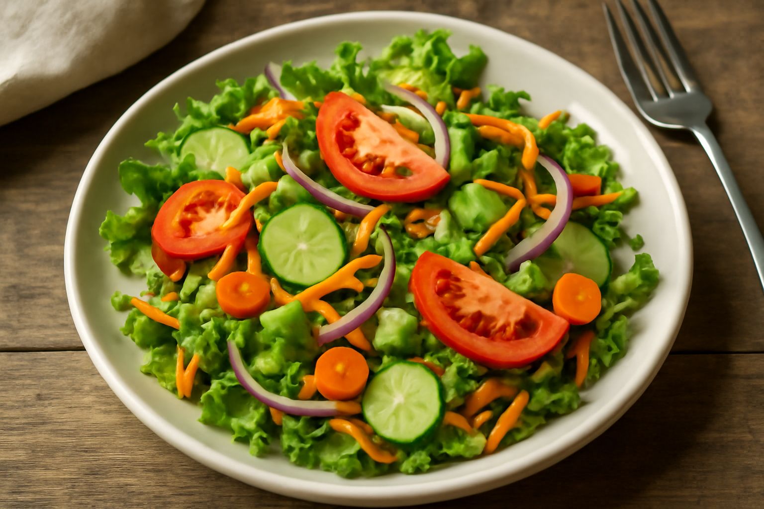 Insalata mista in una ciotola trasparente con lattuga verde, pomodori rossi tagliati, cetrioli affettati, carote tagliate a julienne, cipolla rossa sottile e olio d'oliva lucido, guarnita con sale e p