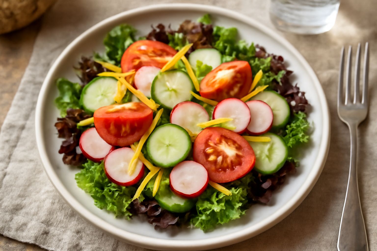 Insalata mista servita in un piatto bianco: lattuga verde e rossa, pomodori rossi affettati, cetrioli verdi, carote tagliate a bastoncini sottili, ravanelli rossi affettati, tutto fresco e bagnato di 