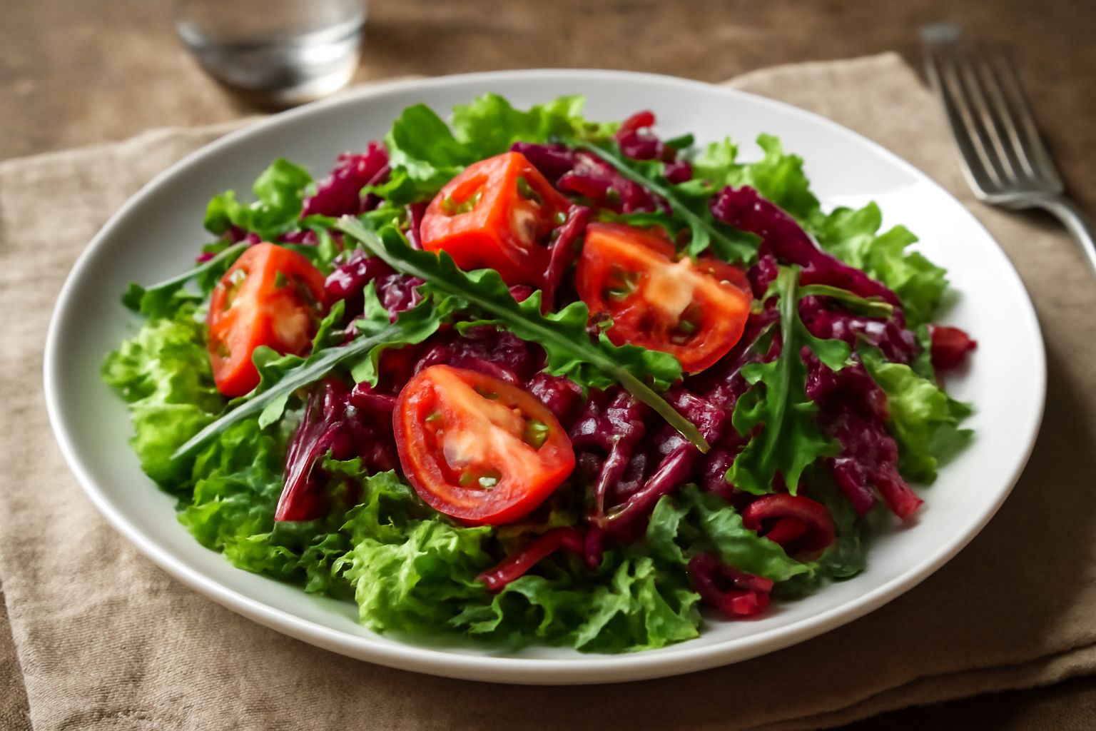 Insalata mista servita in un piatto bianco largo: foglie di lattuga verde pallido, rucola scura, radicchio rosso, pomodori rossi tagliati a spicchi, cetrioli verdi affettati sottili, cipolla rossa in 