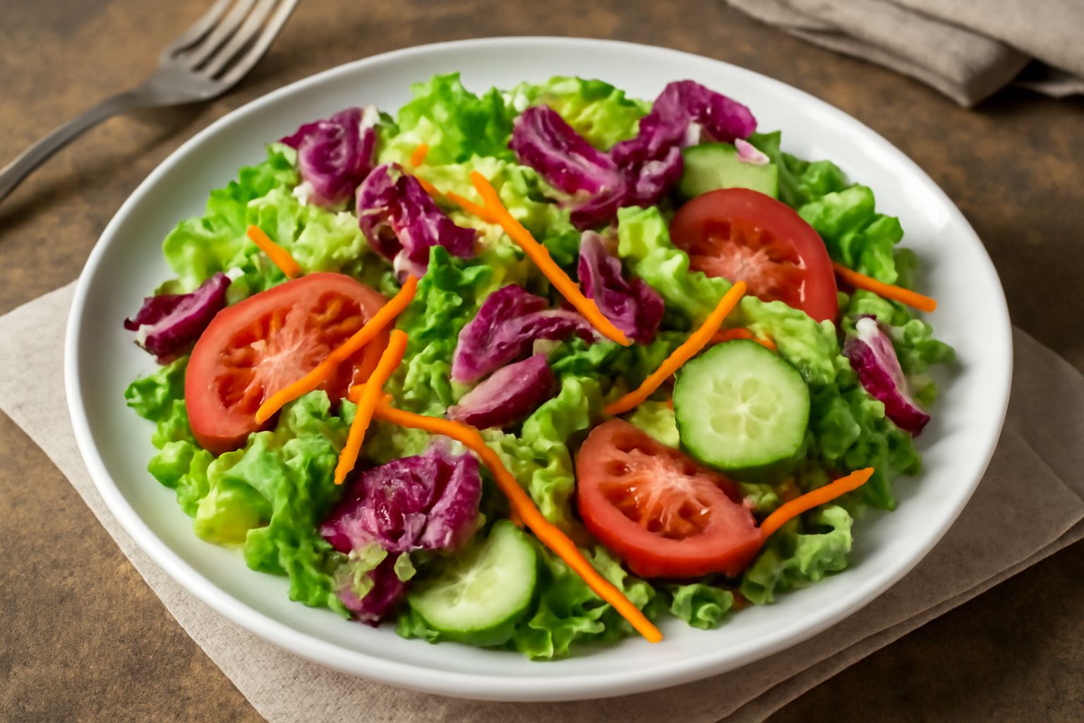 Insalata mista servita in un piatto bianco: lattuga verde chiaro, rucola scura, radicchio rosso, carote arancioni tagliate a julienne, pomodori rossi, cetrioli verdi, con olio e limone appena versati