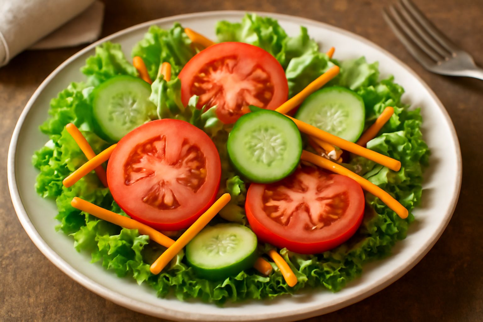 Insalata mista in una ciotola di vetro con lattuga verde, pomodori rossi a fette, cetrioli affettati, carote a bastoncini e cipolla rossa, condita con olio d'oliva dorato, servita su un tavolo di legn