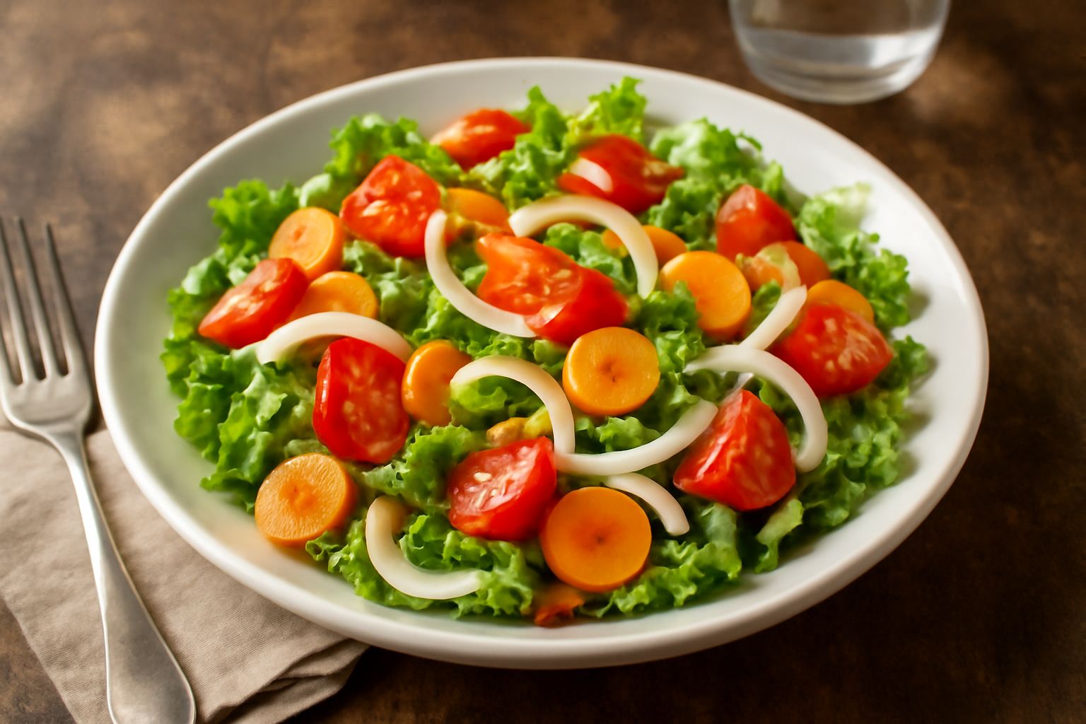Insalata mista in ciotola di ceramica bianca con lattuga verde, pomodori rossi a dadini, cetrioli affettati, carote tagliate a julienne e cipolla rossa, condita con olio d'oliva e limone, foglie fresc