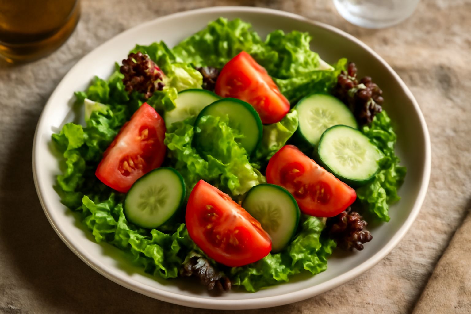 Insalata mista in una ciotola di ceramica bianca: lattuga verde chiaro strappata, pomodori rossi tagliati a spicchi, cetrioli affettati, carote tagliate a julienne, cipolle bianche sottili, il tutto c