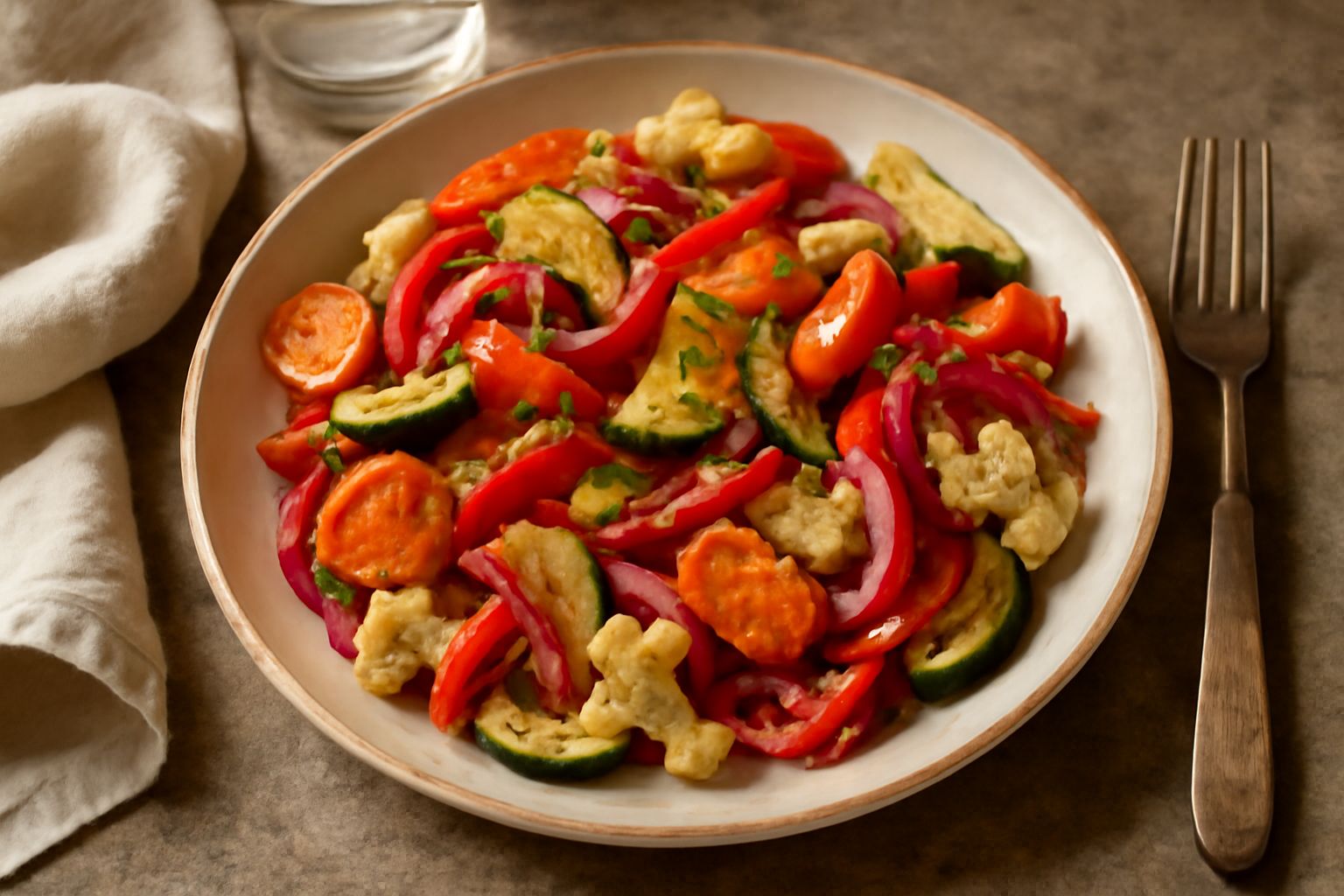Insalata mista di verdure tagliate a pezzi uniformi in un contenitore di vetro con marinataincolor ambrato, carote, sedano, peperoni e cipolla visibili