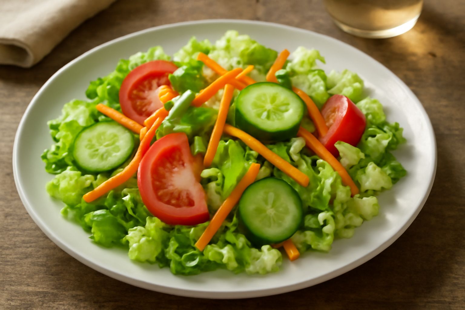 Insalata mista servita in piatto bianco: lattuga verde chiaro, pomodori rossi a fette, cetrioli verdi, carote arancioni tagliate alla julienne, ravanelli rosa, olive nere, cipolla bianca, il tutto luc