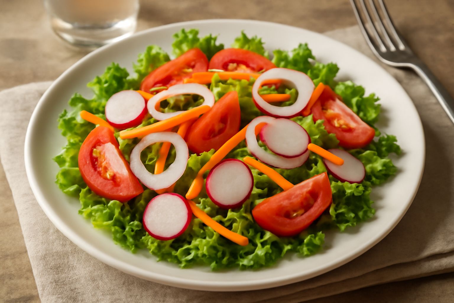 Insalata mista in una ciotola bianca con lattuga verde, pomodori rossi tagliati, cetrioli, carote tagliate a striscia e ravanelli rosa, condita con olio e limone, servita su un tavolo di legno