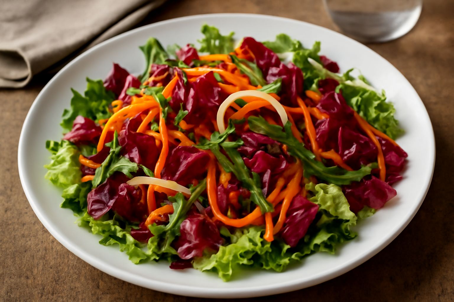 Insalata mista servita in una ciotola bianca contenente lattuga croccante, rucola verde, radicchio rosso, carote tagliate a bastoncini arancioni e pomodori freschi rossi, con fondo di legno chiaro
