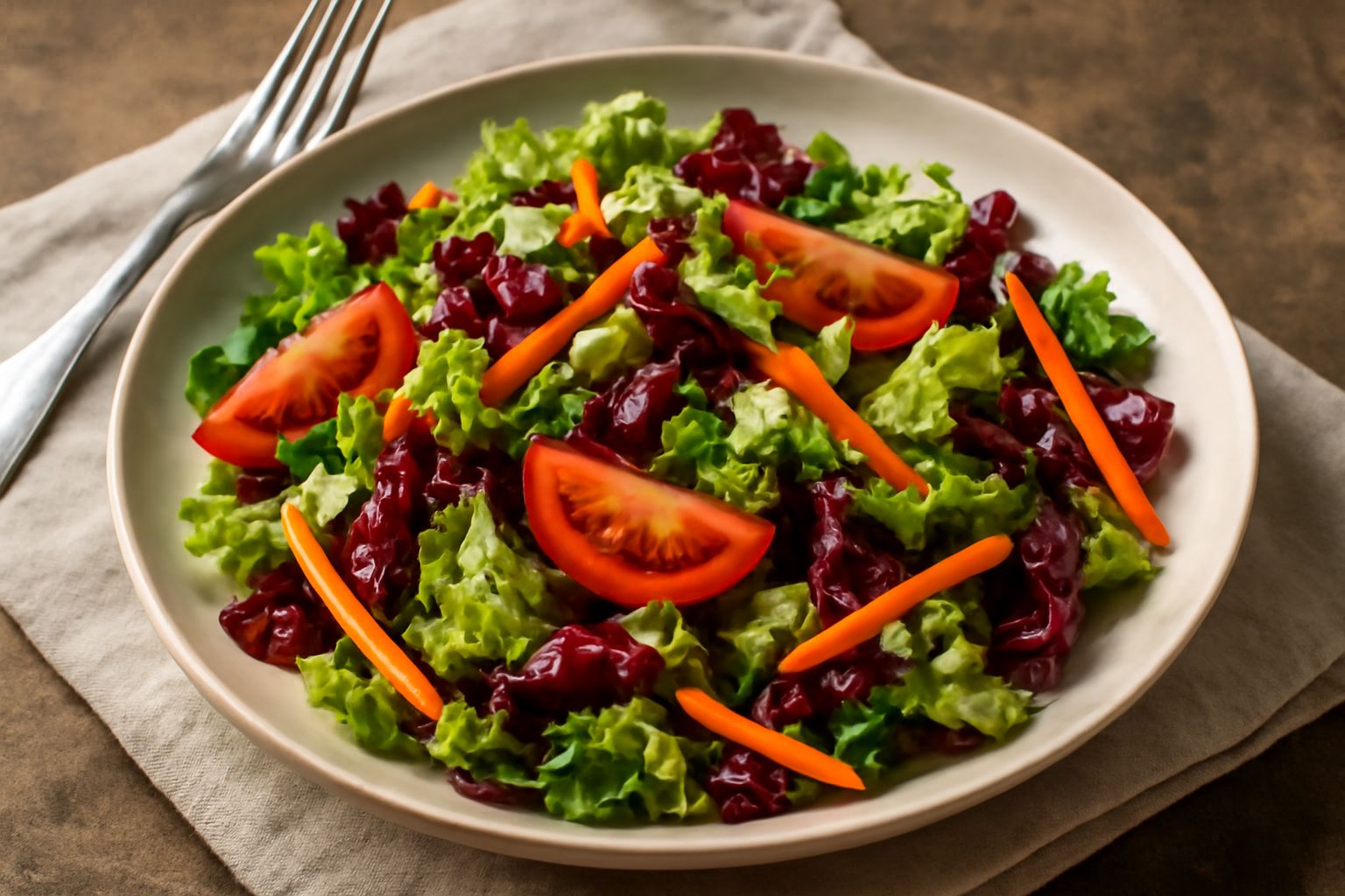 Insalata mista in ciotola di ceramica bianca con lattuga verde, radicchio rosso, pomodori rossi, cetrioli, carote arancioni e cipolla bianca, condita con olio lucido, su tavolo di legno con piatti in 
