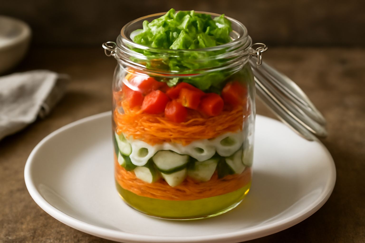 Vasetto di vetro trasparente con strati di insalata mista: lattuga verde, pomodori rossi, cetrioli verdi, carote tagliate a julienne, cipolla bianca, con dressingbeige in fondo e coperchio di vetro
