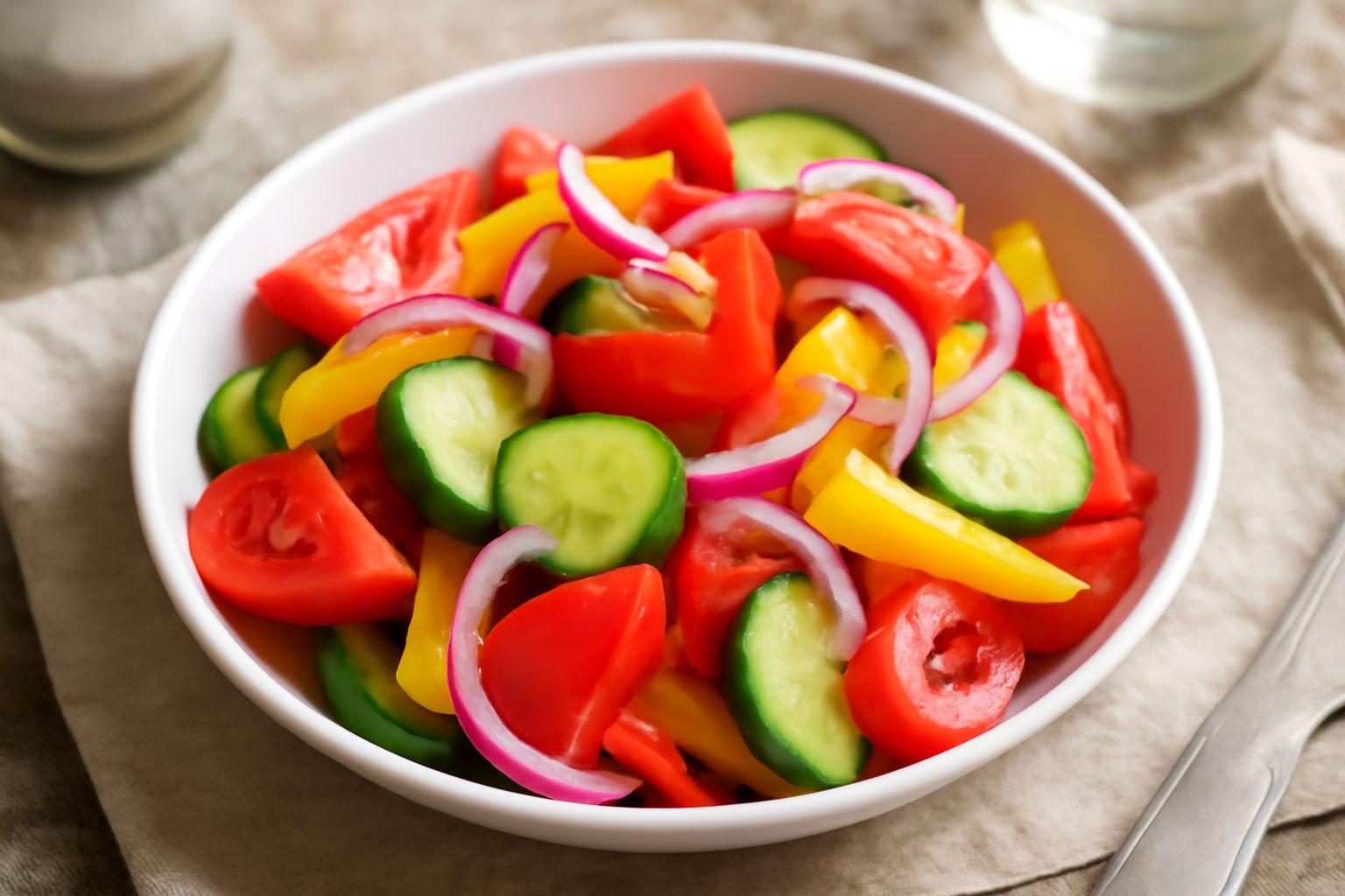 Insalata mista lucana in una ciotola bianca: pomodori rossi tagliati a pezzi, cetrioli verdi a fette, peperoni gialli e rossi, cipolla rossa sottile, prezzemolo verde fresco sopra, olio d'oliva che lu