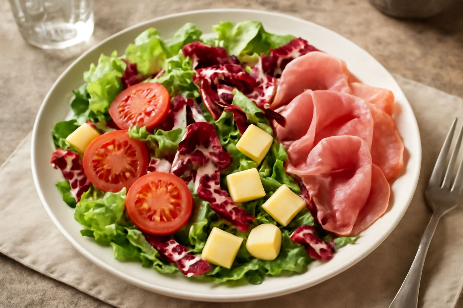 Insalata in ciotola bianca con lattuga verde, rucola, radicchio rosso scuro, pomodori tagliati, fette di formaggio giallo e prosciutto crudo, condita con olio lucido, su tovaglia bianca lino