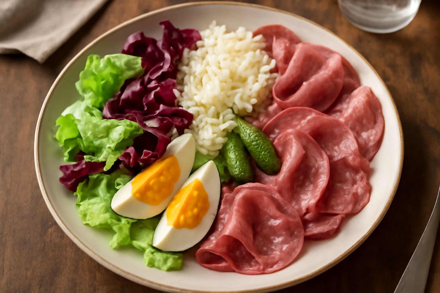 Insalata mista milanese in un piatto di porcellana bianca: lattuga verde e radicchio rosso a ciuffi, riso bianco, uova sode tagliate a spicchi, cetriolini sottaceti, affettato leggero, tutto coperto d