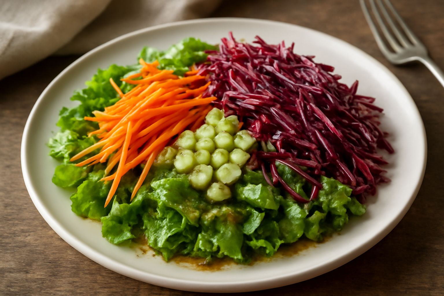 Insalata mista in ciotola bianca: foglie di lattuga verde e radicchio rosso, fette sottili di carota arancione, dadini di sedano bianco, il tutto lucido di condimento balsamico e olio