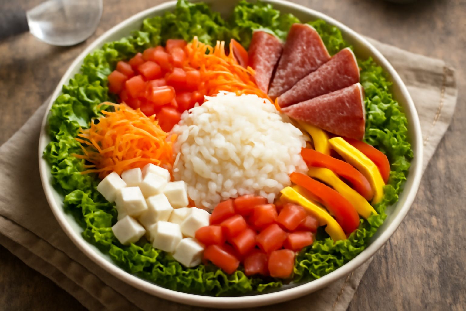 Insalata mista pavese in una ciotola di ceramica bianca, con riso bianco, lattuga verde, pomodori rossi tagliati, carote arancioni grattuggiate, cubetti di formaggio bianco, fette di salame e insalata