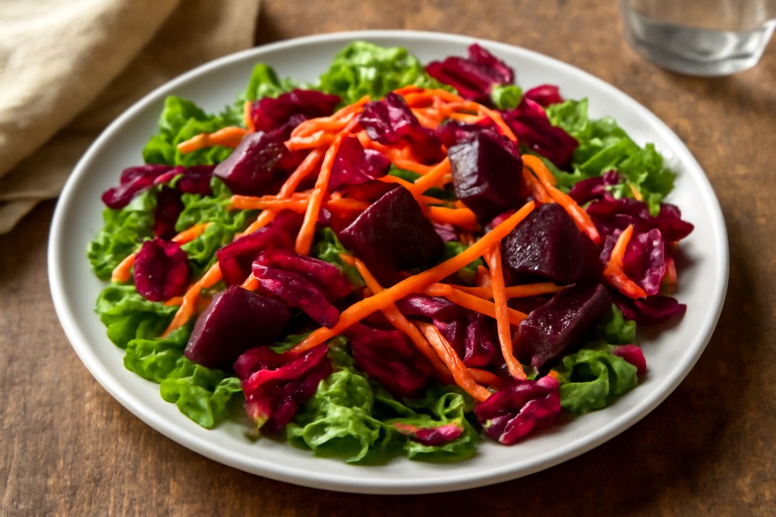 Insalata mista piemontese servita in un piatto bianco fondo, con lattuga verde chiaro, radicchio rosso, barbabietola scura tagliata a dadini, carota arancione grattugiata, e una vinaigrette lucida che