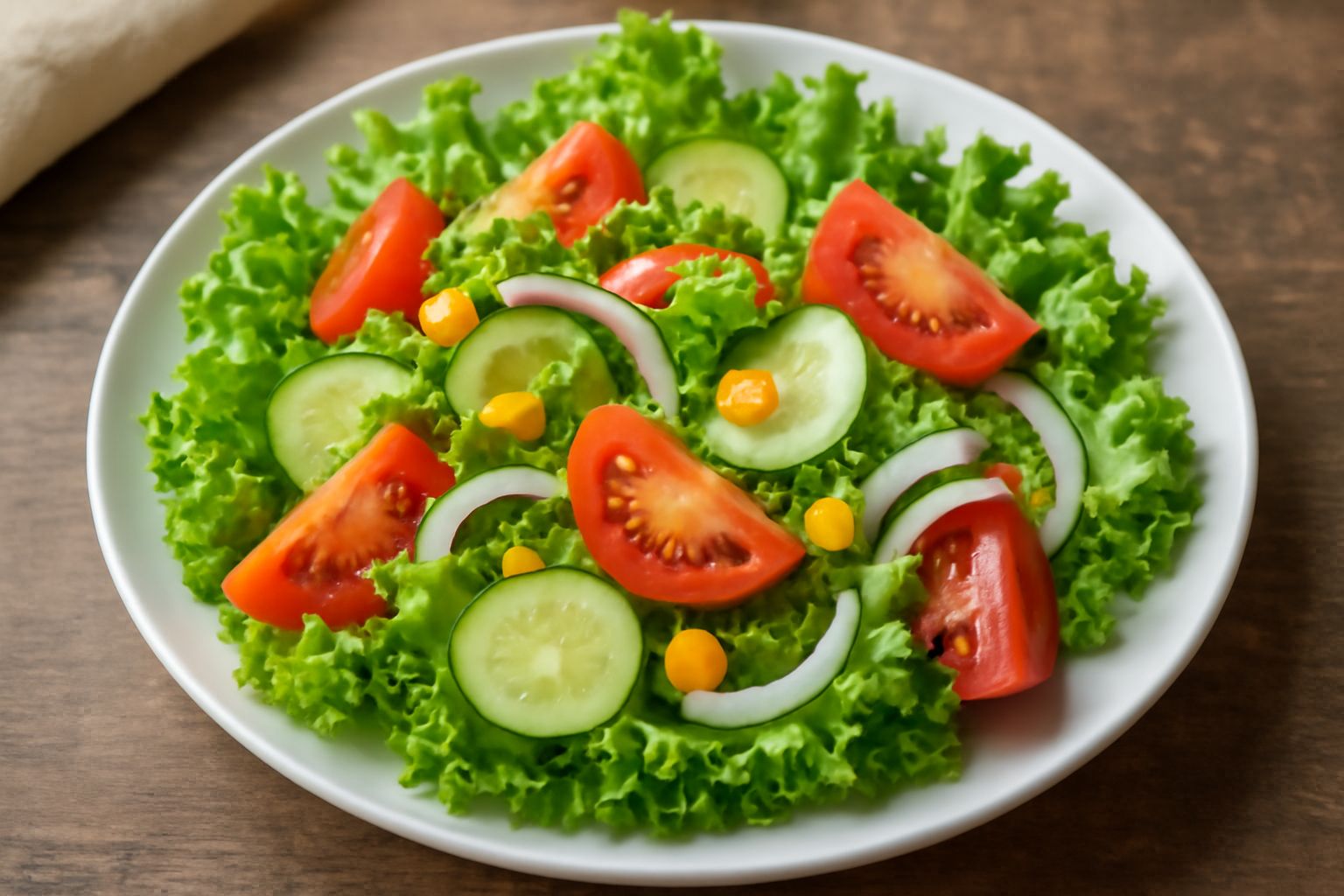 Insalata mista in ciotola di vetro con lattuga ricciolina ondulata verde brillante, pomodori rossi affettati, cetrioli verdi, cipolla bianca e dressing trasparente, servita su tavolo bianco con forche