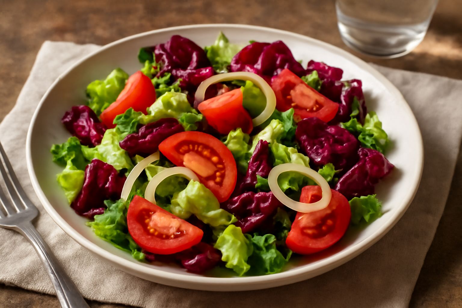 Insalata mista servita in una ciotola larga: lattuga verde chiaro, radicchio rosso scuro, pomodori rossi tagliati a spicchi, cipolle bianche affettate sottili, tutto condito con olio dorato e brillant
