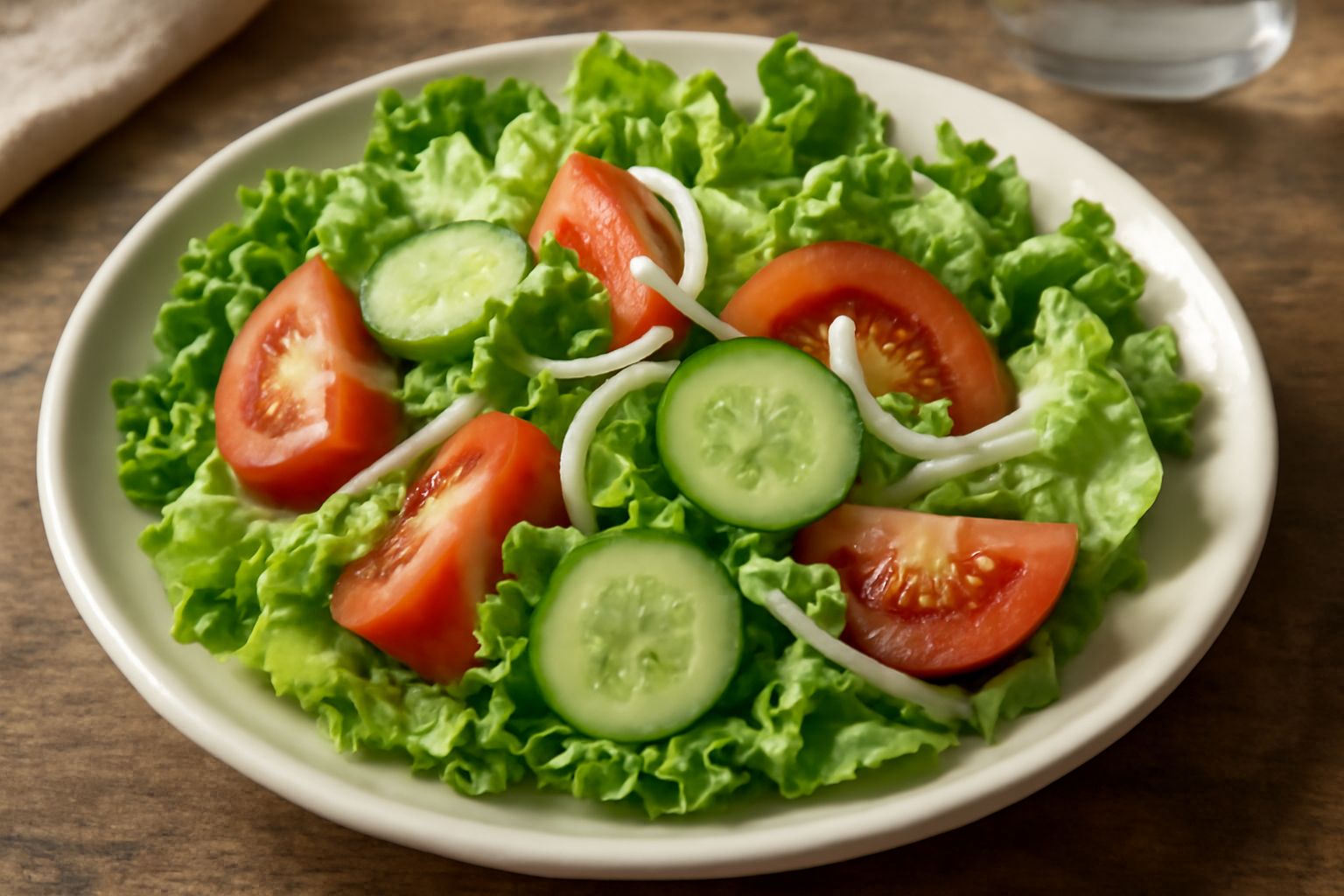 Insalata mista romana in ciotola di ceramica bianca: foglie di lattuga verde brillante, fette di pomodoro rosso, rondelle di cetriolo, cipolla bianca e condimento di olio d'oliva color ambra