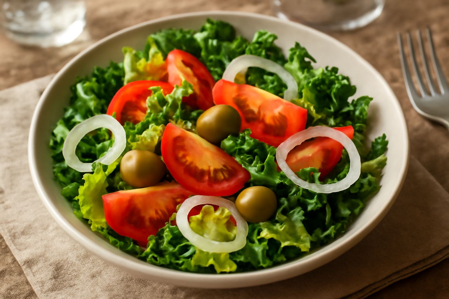 Insalata mista sassarese in una ciotola larga di ceramica: lettuga verde e rossa, pomodori rossi affettati, cetrioli a rondelle, cipolla bianca sottile, oliva nera, il tutto lucido d'olio. Piatto cope
