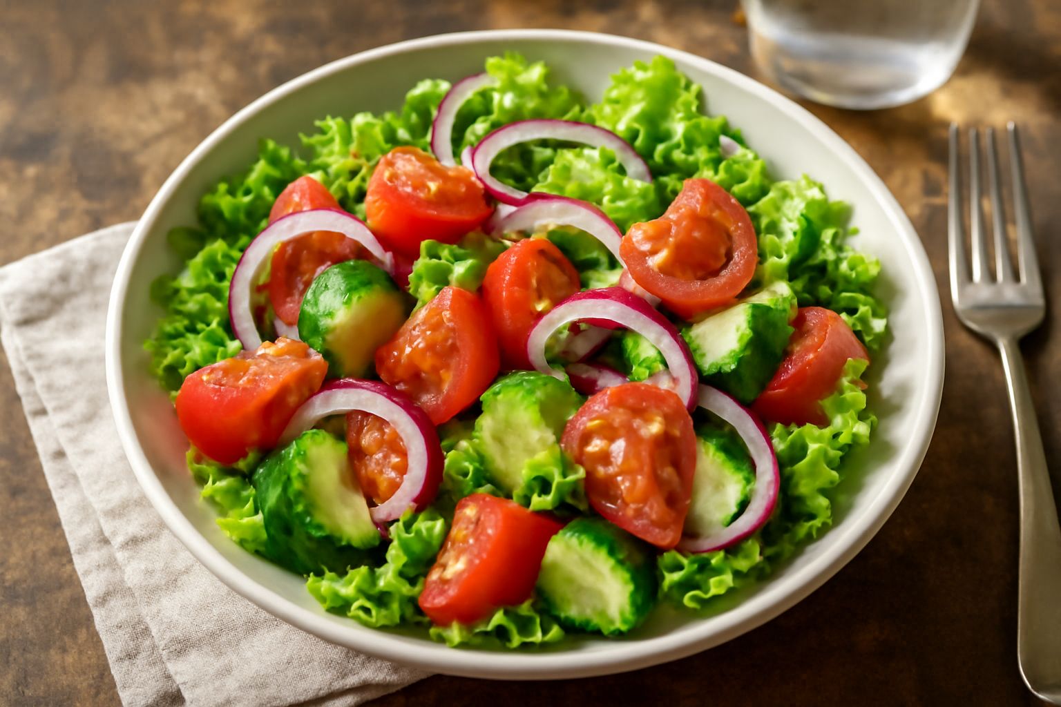 Insalata in una ciotola bianca con pomodori rossi a spicchi, cetrioli verdi, cipolla rossa affettata, lattuga croccante e altre verdure crude, condita con olio verde dorato e foglie di prezzemolo
